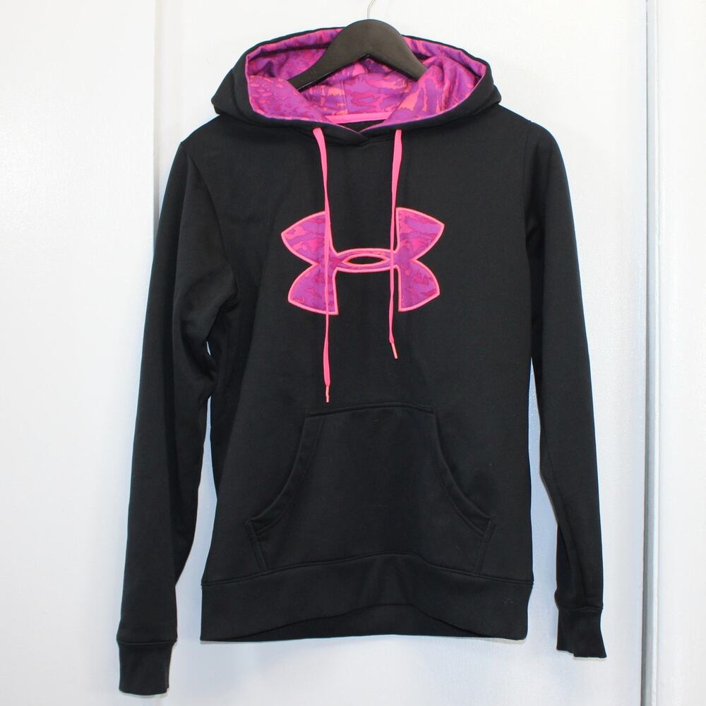 Under Armour Women’s Small UA Storm Black Hoodie Pink‎ Logo Pullover Sweatshirt